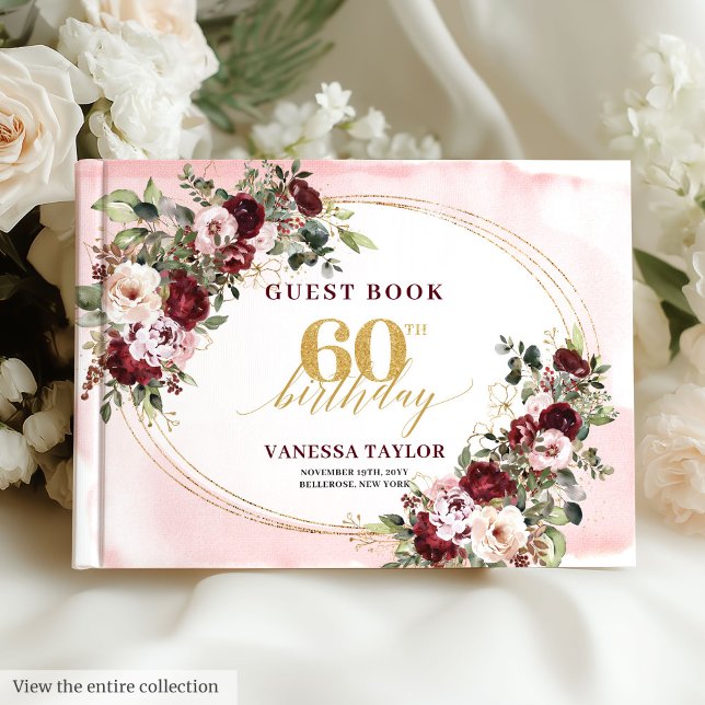 Livre d'or Floral Moderne Boho Bourdon Blush 60 an (Modern Boho Burgundy Blush Floral 60th Guest Book)