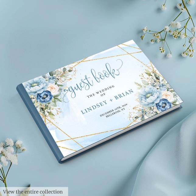 Livre d'or floral Pastel Bleu Blanc Formel (Formal Pastel Blue White Gold Floral Guest Book)