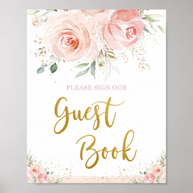 Livre d'or floral rose blush chic feuillage doré (Devant)