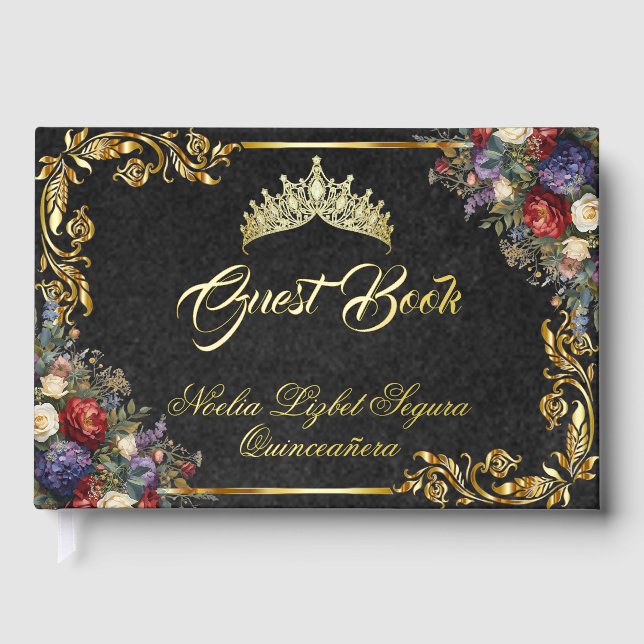 Livre D'or Floral, Tiara & Gold Leaves - Black (Recto)