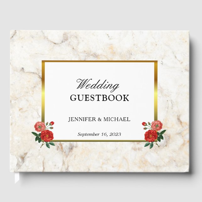 Livre D'or Floral vintage roses rouges blanc marbre Mariage (Recto)