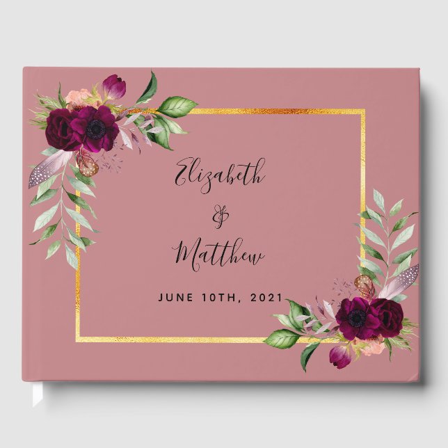 Livre D'or Floraux Bourgogne verdure duvet rose mariage (Recto)