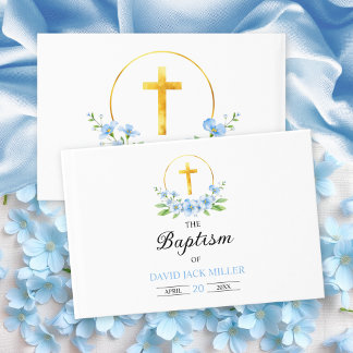 Livre D'or Floraux d'aquarelle bleu, croix d'or baptême garço