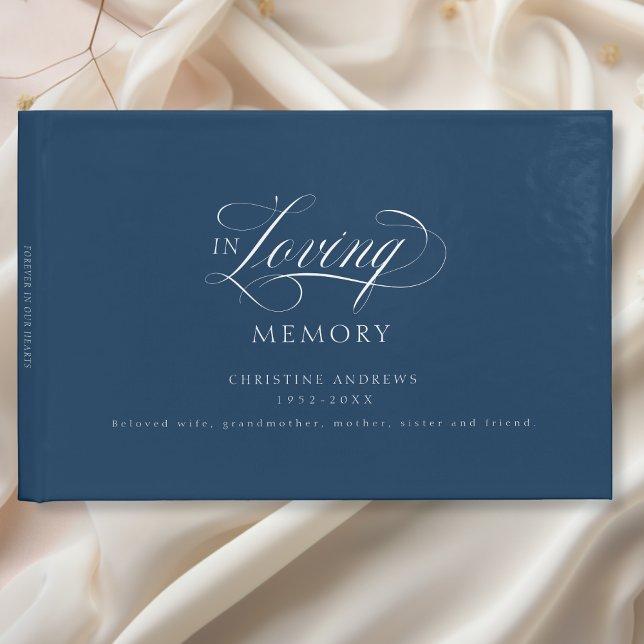 Livre D'or Font de script "In Love Memory" (Elegant, Script Font "In Loving Memory" Blue Funeral Guest Book.)