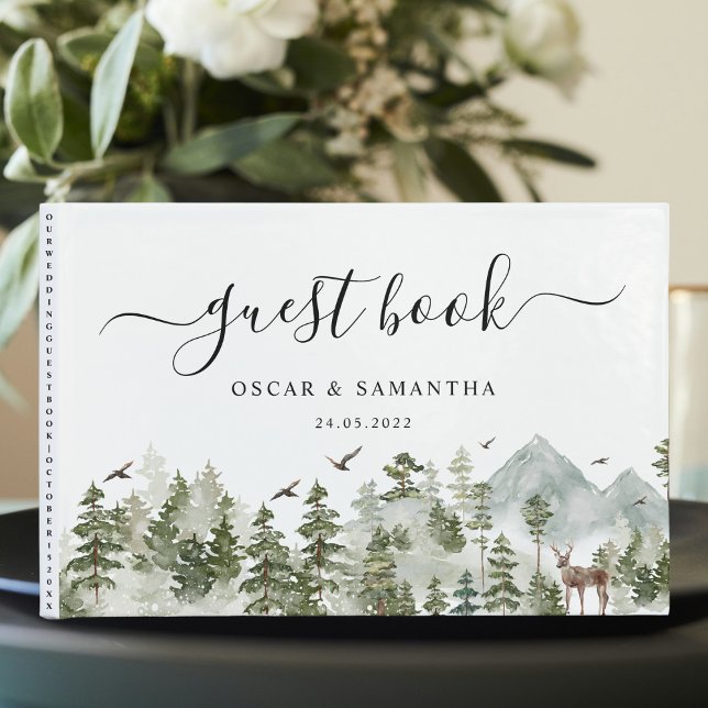 Livre D'or Forêt d'aquarelle | Arbres Et Cerfs (Créateur téléchargé)