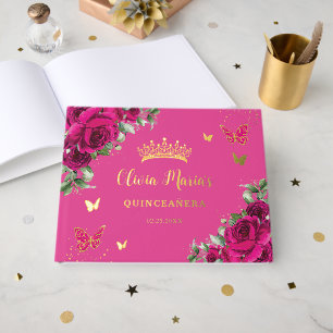 Livre D'or Fuchsia Floral Or Quinceanera Anniversaire Douce 1