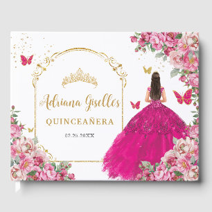 Livre D'or Fuchsia Hot rose Floral Princess Gold Quinceañera