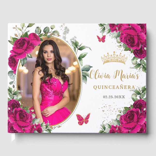 Livre D'or Fuchsia Hot rose Roses Floral Quinceanera Photo (Recto)