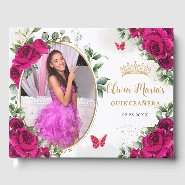 Livre D'or Fuchsia Hot rose Roses Floral Quinceanera Photo (Recto)