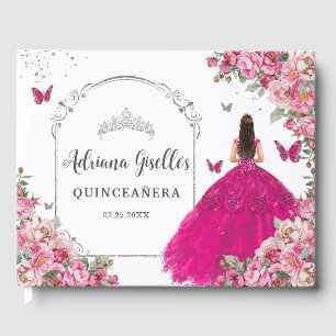 Livre D'or Fuchsia Rose Floral Princesse Argent Quinceañera 
