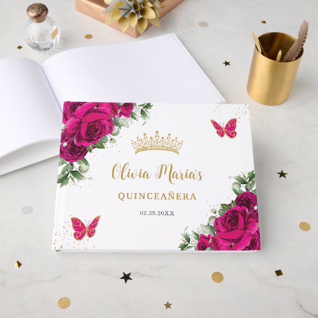 Livre D'or Fuchsia rose Floral Quinceanera Sweet 16 Anniversa (Recto ouvert)