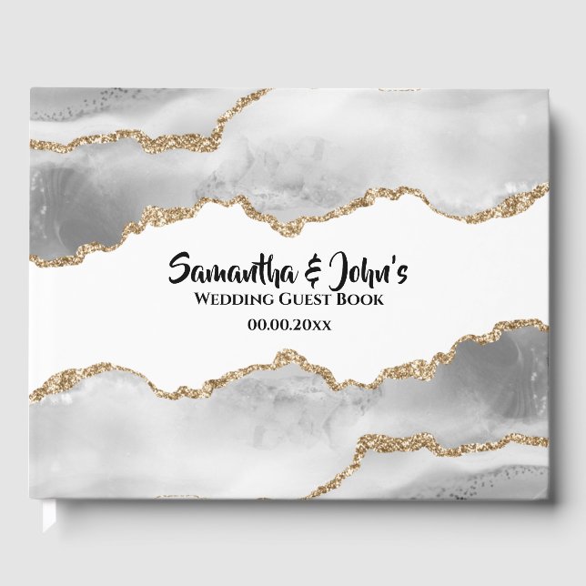 Livre D'or Géode blanc agate aquarelle faux or chic (Recto)