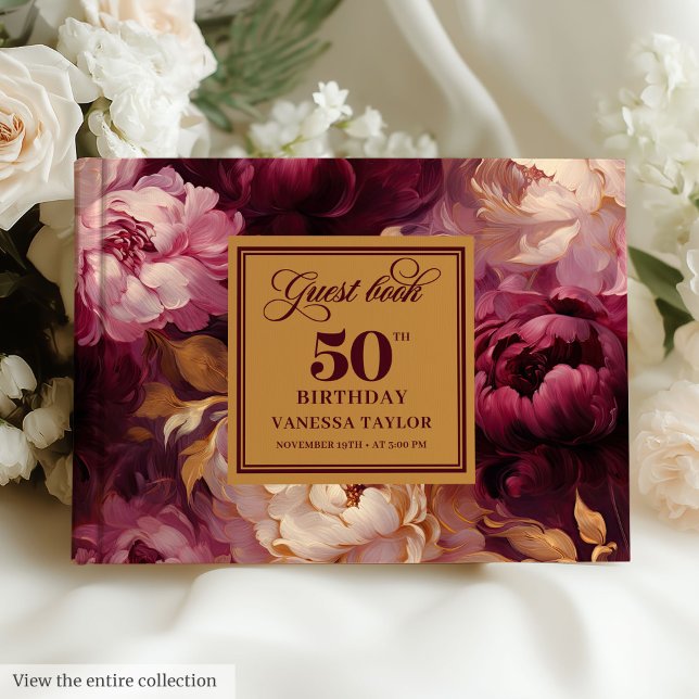 Livre D'or Glam Burgundy Blush Gold Floral 50e anniversaire (Glam Burgundy Blush Gold Floral 50th Birthday Guest Book )