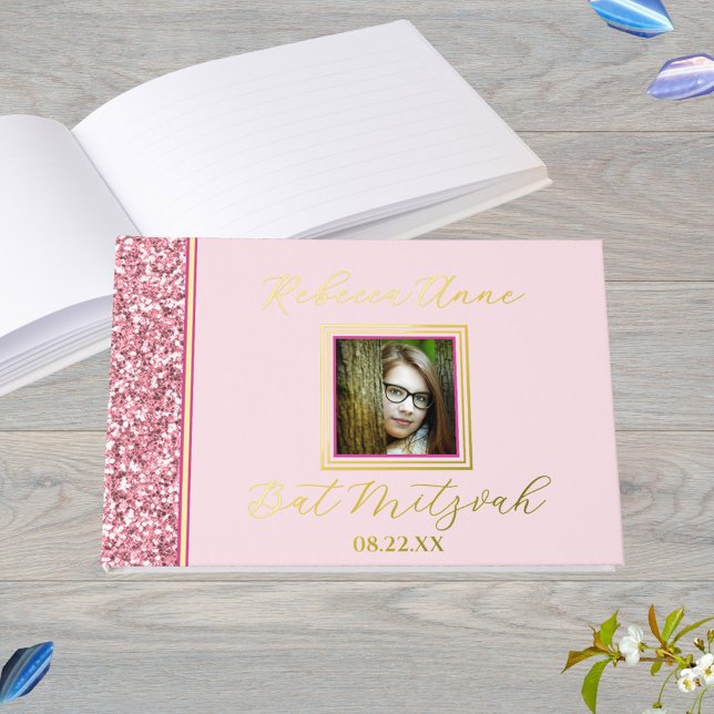 Livre D'or Glam Pink Elegant Photo Bat mitzvah Gold (Real gold foil printing mixed with faux pink glitter gives this guest book an elegant feel)