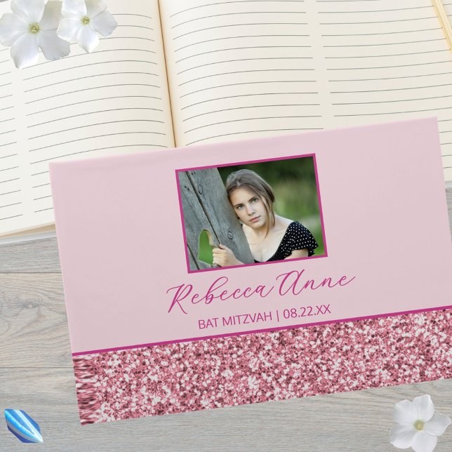 Livre D'or Glam Pink Simple Elegant Bat mitzvah photo (A photo guestbook perfect for capturing those Bat Mitzvah party memories)