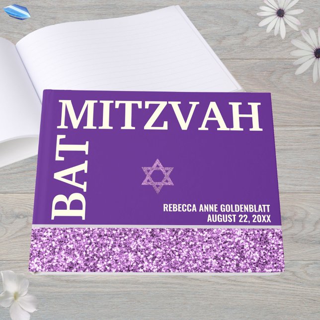 Livre D'or Glam Purple Star De David Bat mitzvah Gold (This faux purple glitter Bat Mitzvah guest book with real gold foil is easy to personalize)