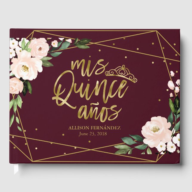 Livre D'or Gold Foil Blush Bourgogne Floral Quinceanera (Recto)