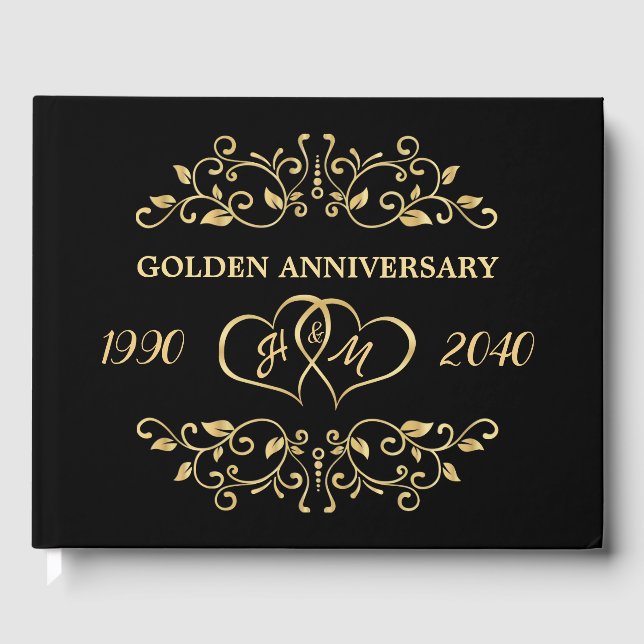 Livre D'or Gold Leafy Swirls Hearts 50e anniversaire Mariage (Recto)
