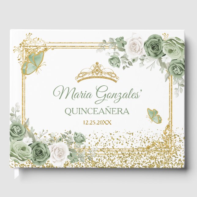 Livre D'or Gold Quinceañera Sage Green Crown Butterfly (Recto)