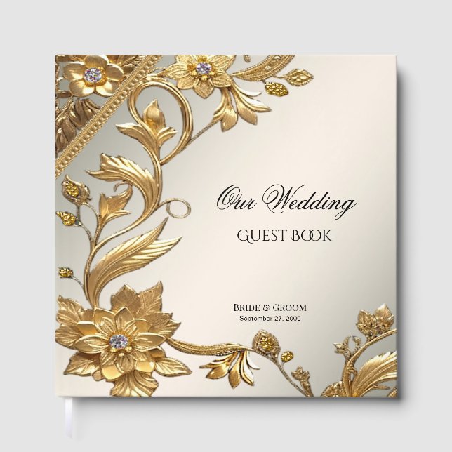 Livre D'or Golden Wavy Feuille Floral Guest Book (Recto)