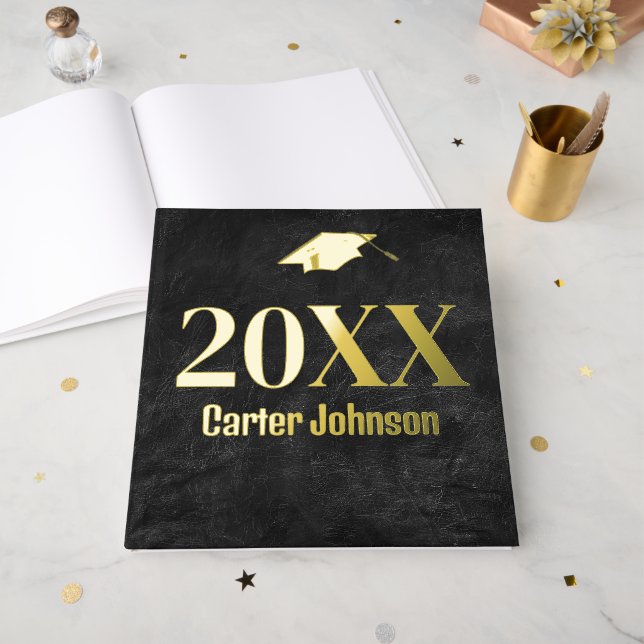 Livre D'or Graduation Gold Foil sur cuir noir (Recto ouvert)