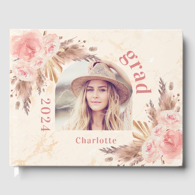 Livre D'or Graduation pampas herbe fleurons d'or rose 2025 (Recto)