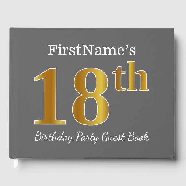 Livre D'or Gray, Faux Gold 18e fête d'anniversaire + Nom pers (Recto)