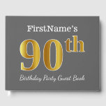 Livre D'or Gray, Faux Gold 90th Birthday Party   Nom personna<br><div class="desc">Ce livre d'or est orné du numéro ordinal "90e" avec un aspect imitation or. Il comporte également un nom customisé et un arrière - plan gris (gris). Il pourrait être utilisé à une fête d'anniversaire pour quelqu'un qui célèbre son quatre-vingt-dixième anniversaire. [~Z0000193]</div>