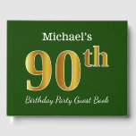 Livre D'or Green, Faux Gold 90th Birthday Party   Nom personn<br><div class="desc">Ce livre d'or est orné du numéro ordinal "90e" avec un aspect faux or. Il comporte également un nom personnalisé et un arrière - plan vert. Il pourrait être utilisé à une fête pour quelqu'un célébrant son quatre-vingt-dixième anniversaire. [~Z0000056]</div>