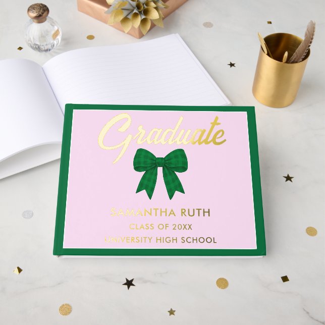 Livre D'or Green Gingham Bow Graduation Party (Recto ouvert)