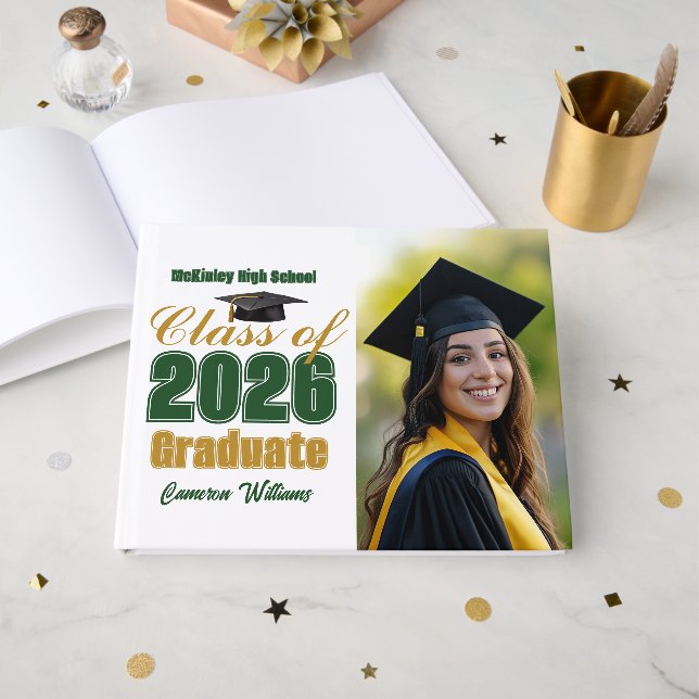 Livre D'or Green Gold Class of 2026 Graduation Photo (Recto ouvert)