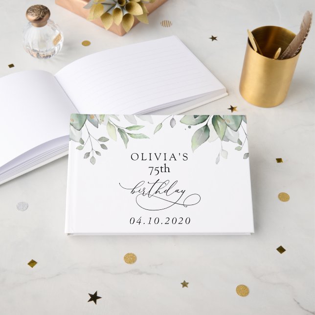 Livre D'or Greenery, Eucalyptus Leaves, Boho, Birthday (Recto ouvert)