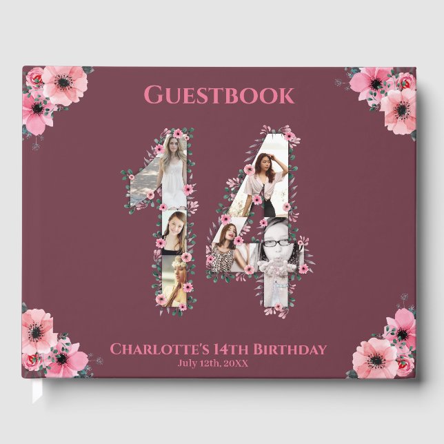 Livre D'or Gros 14ème anniversaire Photo Collage Fleur Fille  (Recto)