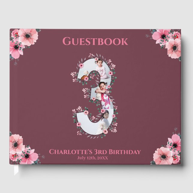 Livre D'or Gros 3ème anniversaire photo Collage Fleur Fille R (Recto)