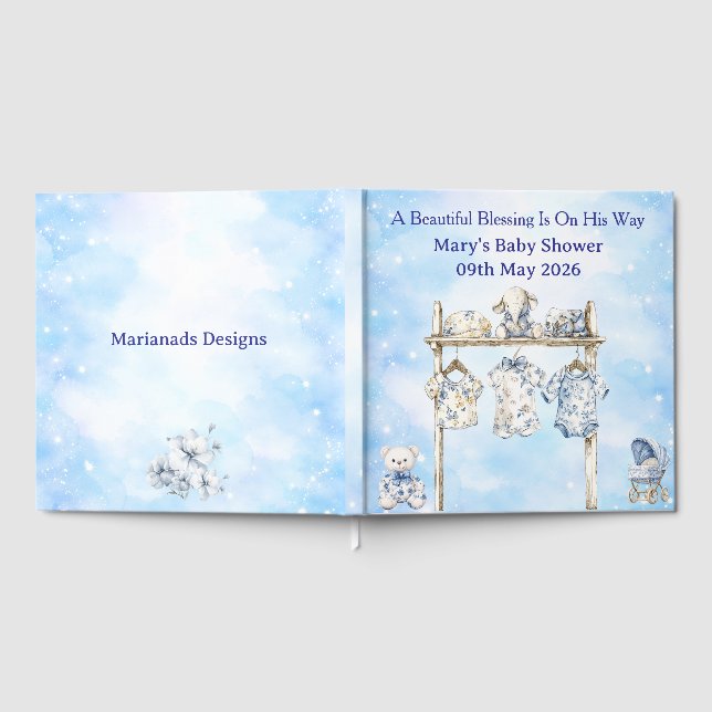 Livre D'or Guest Book-Editable Blue Chinoiserie Baby Shower  (Complet)