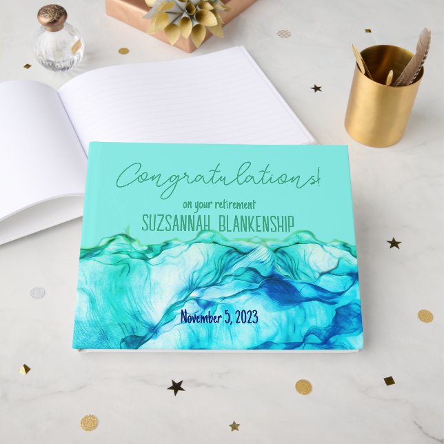 Livre D'or Happy Retraite Bleu Vert Aquarelle personnalisée (Recto ouvert)