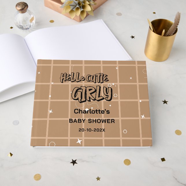 Livre D'or Hello Cutie Girly Cute Brown Gingham Baby Shower (Recto ouvert)
