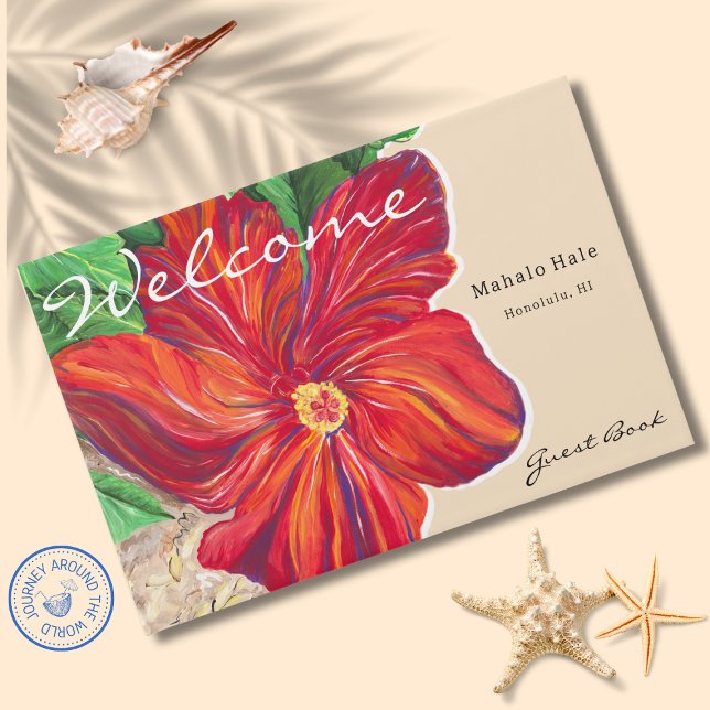 Livre D'or Hibiscus Rouge tropical Vacances Florales Location (Mahalo Hale Tropical Hibiscus Flower Guest Book features my Original Hibiscus in the Park Painting.)