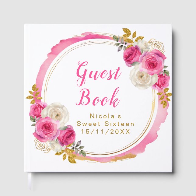 Livre D'or Hot Pink and Gold Elegant Flowers Sweet Sixteen (Recto)