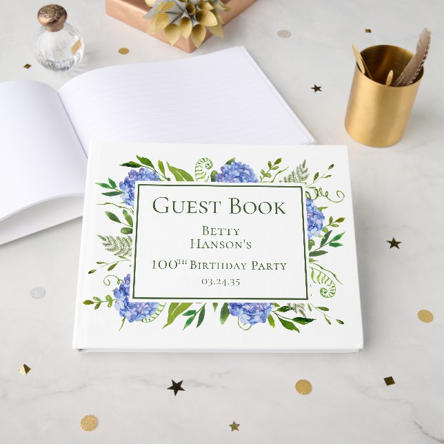 Livre D'or Hydrangeas bleus pour les 100 ans (Recto ouvert)