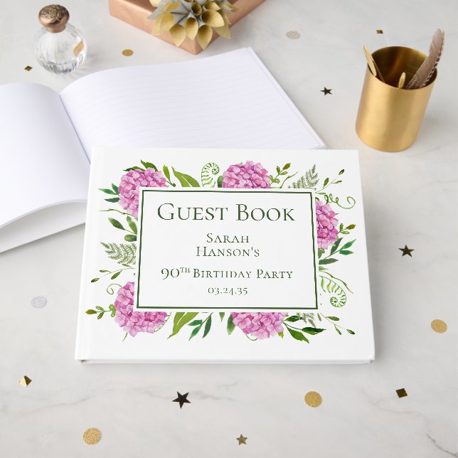 Livre D'or Hydrangeas roses pour 90e anniversaire (Recto ouvert)