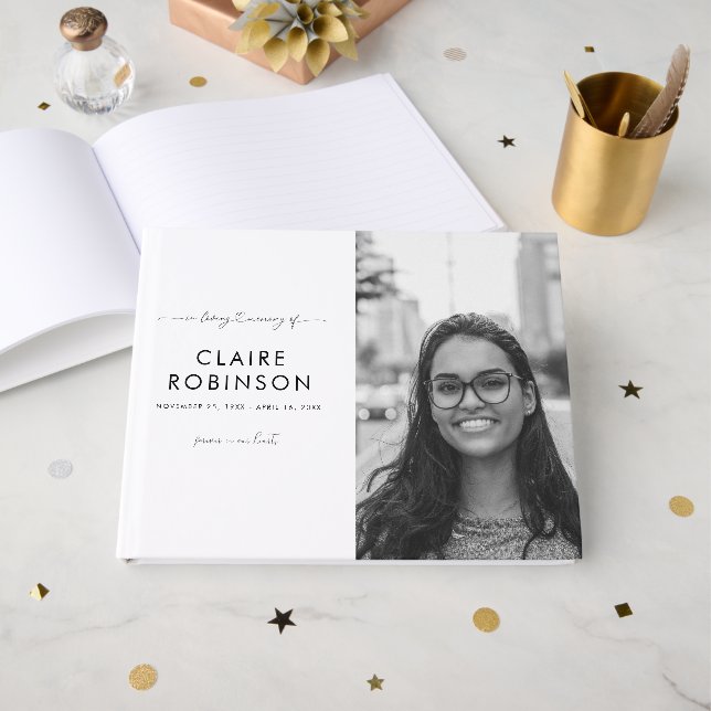 Livre D'or In Love Memory Photo Heart Script Funeral Classy (Recto ouvert)