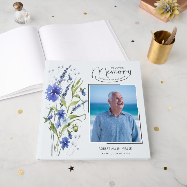 Livre D'or In Loving Memory Blue Floral Funeral Guest Book (Recto ouvert)