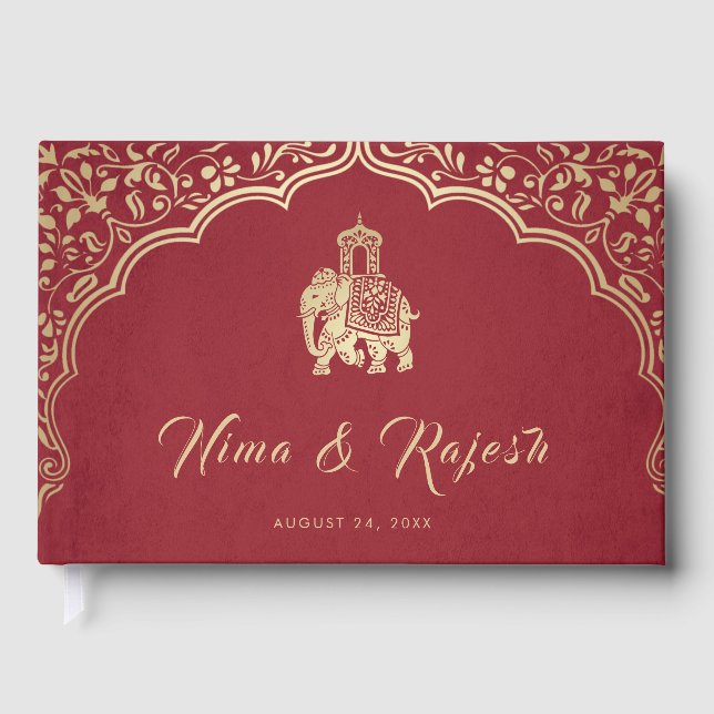 Livre D'or Indian Wedding Invitation, Red, Gold, Ganesha (Recto)
