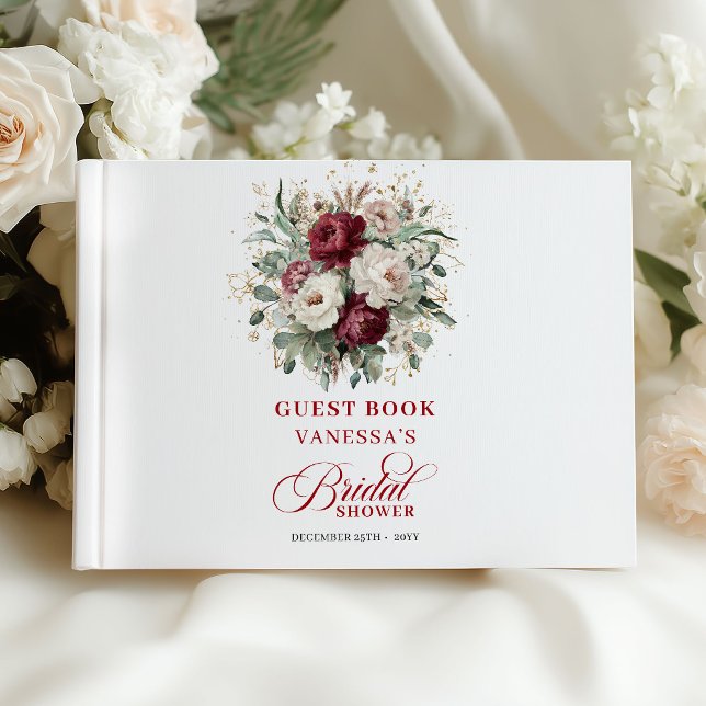 Livre D'or Invité classique de mariage avec des fleurs bordea (Classic Maroon Floral Gold Bridal Shower Guest Book)