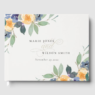 Livre D'or Jaune Bleu Floral Aquarelle Mariage Joyeux