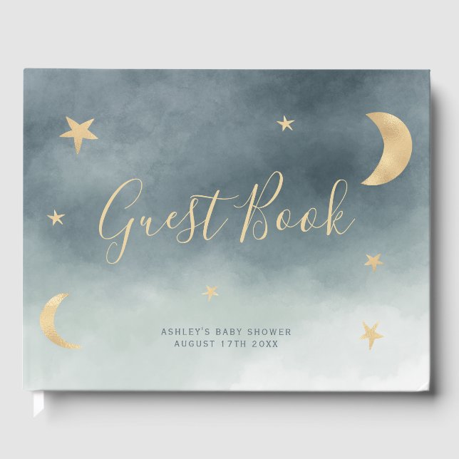 Livre D'or Jolie lune d'or étoiles bleu baby shower d'aquarel (Recto)