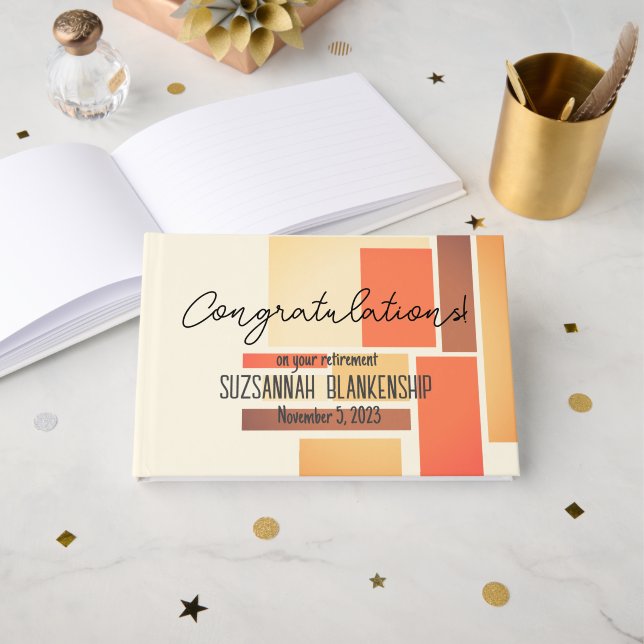 Livre D'or Joyeuse retraite Orange Bloc Abstrait Personnalisé (Recto ouvert)