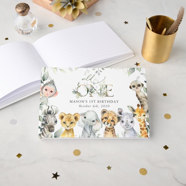 Livre D'or Jungle Animals, Safari, Wild One, First Birthday (Recto ouvert)