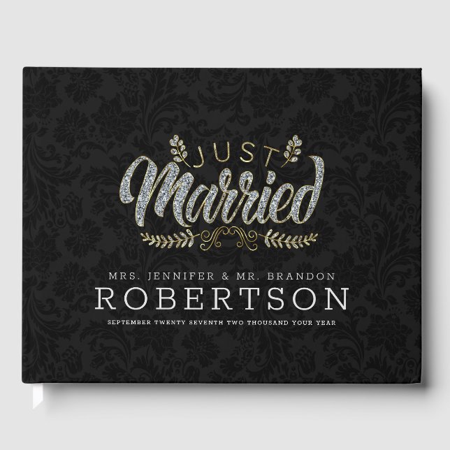 Livre D'or Juste mariés typographie moderne glamour damas noi (Recto)